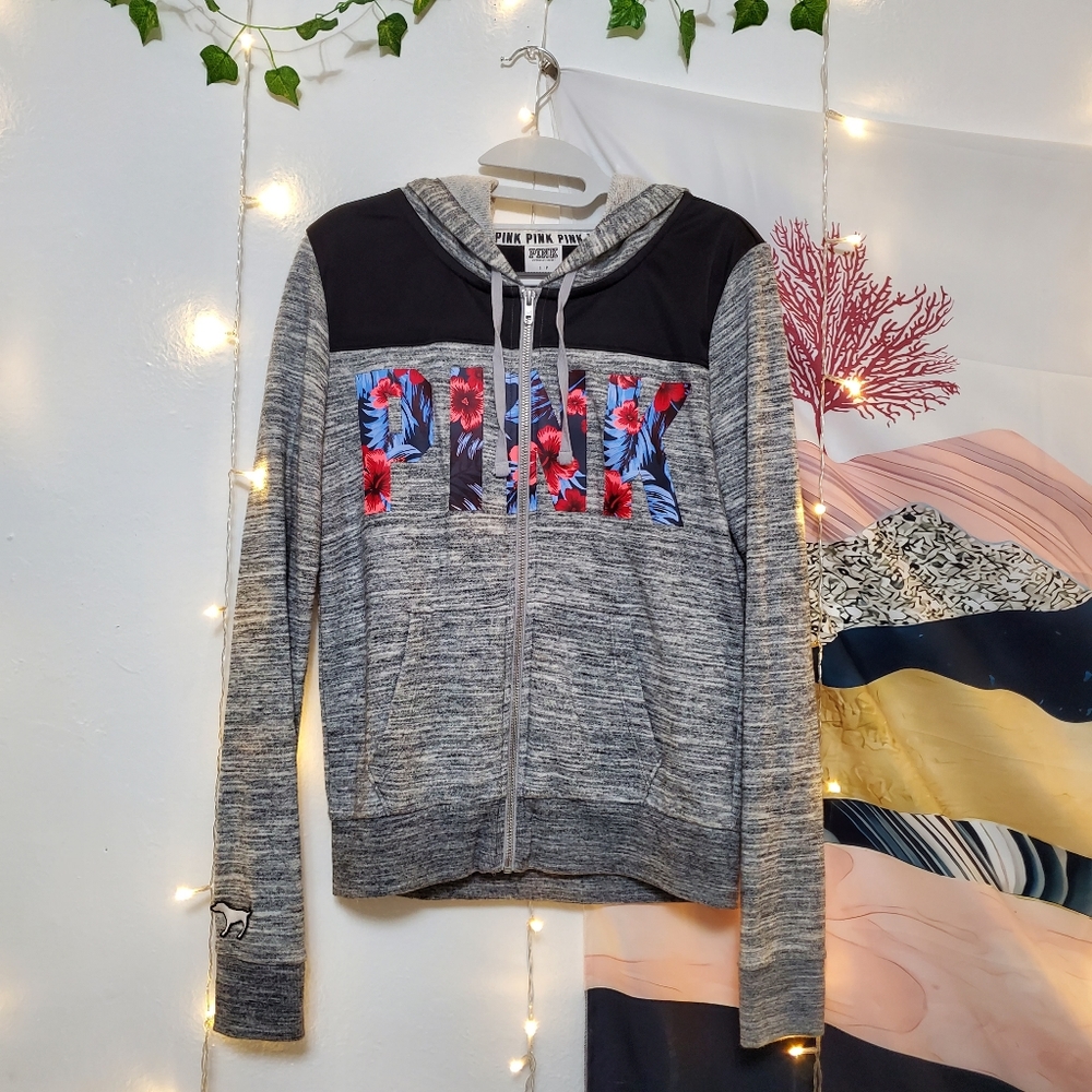 Victoria's Secret PINK Hibiscus Floral Spellout Zip Hoodie